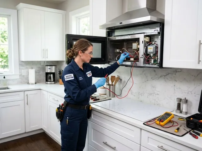 Appliance Repair Hero technician testing an over-the-range microwave in a Bradenton Beach, FL kitchen